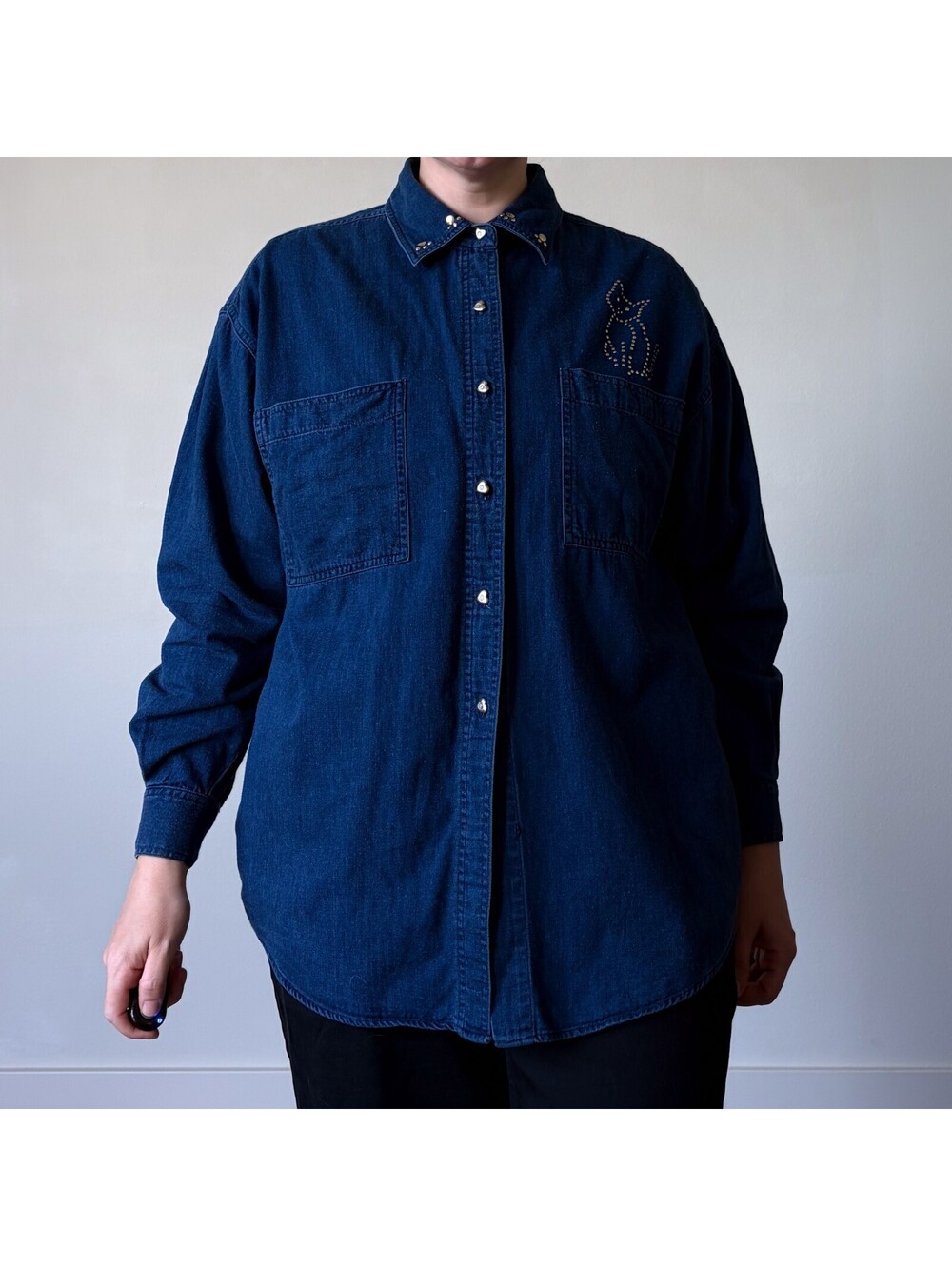 90s Cat Blouse Denim Heart Buttons Paw Studs Long Sleeve